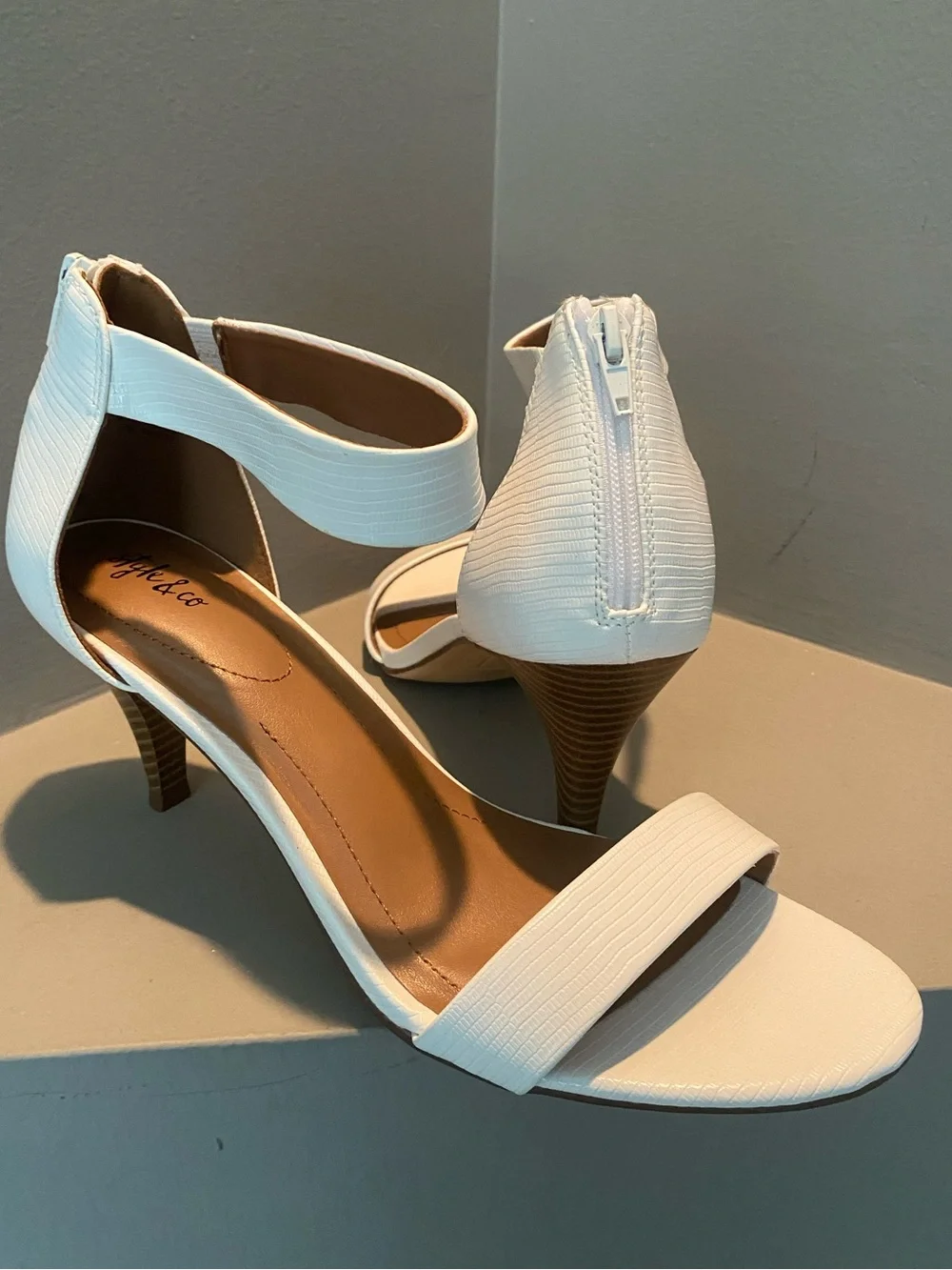 White snakeskin ankle strap heel by Style & Co.